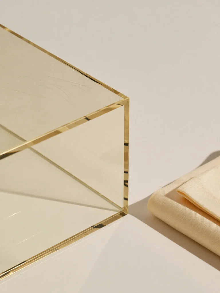 Bloc de plexiglas transparent poli, lumière rasante révélant une surface sans rayure